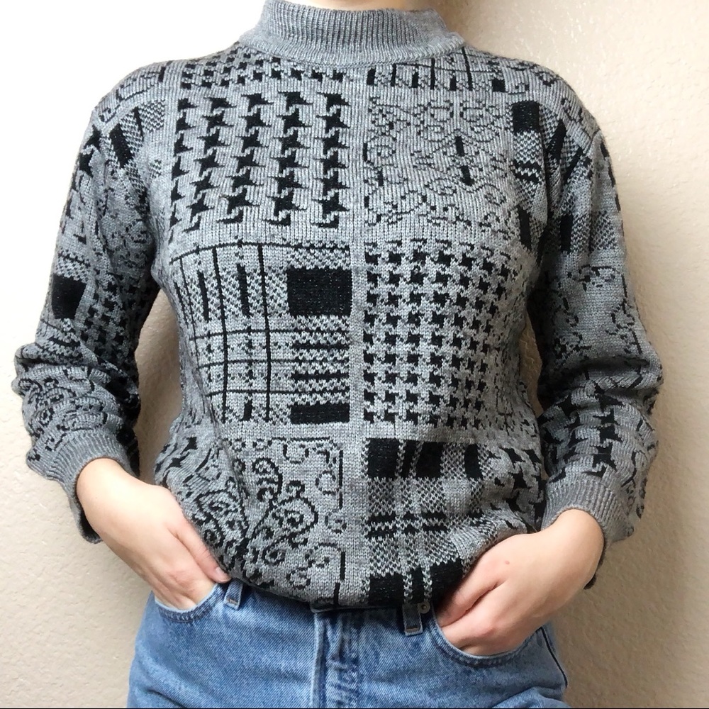 Multi-Patterned Houndstooth Mock Neck Knit Sweater - image 2
